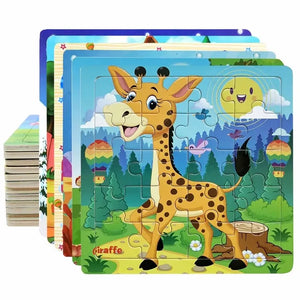 New 20-Piece Wooden 3D Puzzle – Cartoon Animals & Vehicles Montessori Toy for Kids 1-3 Years