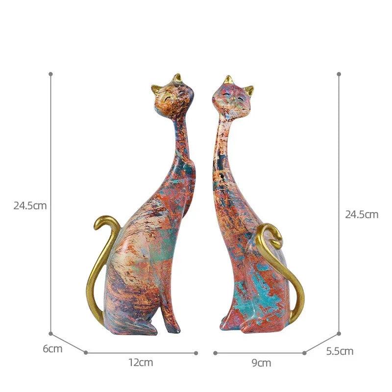 ERMAKOVA 2-Piece Nordic Cat Oil Painting & Resin Figurine Desktop Sculpture Decor