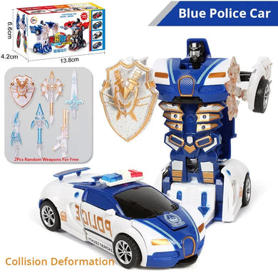 Blue Police Car Toy - One-Button Deformation, Kids Inertia Impact - Boys Toy