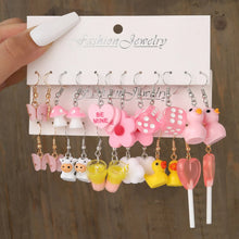 Load image into Gallery viewer, 12 Pairs Children&#39;s Earrings Set - Butterfly, Candy, Duck, Cow, Mushroom Pendants