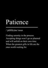 Load image into Gallery viewer, Black Minimalist Inspirational phrases Poster Print Success Focus Patience Definition Canvas Painting for Home Office Wall Decor