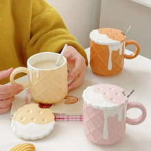 Load image into Gallery viewer, 1pc Biscuit Pattern Coffee Mug with Lid &amp; Spoon - 14.2oz Ceramic Cute Kawaii Cup