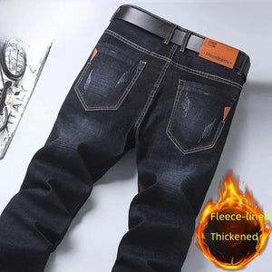 Men's Winter Fleece-Lined Thick Jeans Loose Fit Straight Crotch Business Casual Pants