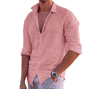 2024 Men's Cotton Linen Polo Shirt - Casual Long Sleeve Solid Hawaiian Beach Shirt