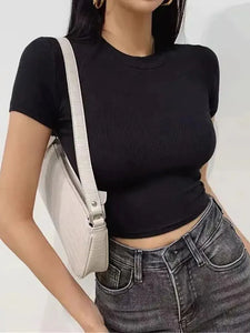 Women's Short Sleeve Crop Top Slim Fit Crew Neck Tee Ribbed Casual Workout Yoga Shirt