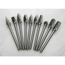 Load image into Gallery viewer, 10pcs 1/8" Shank Tungsten Carbide Milling Cutter Rotary Tool Burr Diamond Cut Rotary Drill Bit for Metalworking Polishing Tools