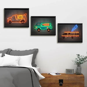 Neon Police Car Canvas Painting Abstract Poster Kid Room Wall Art