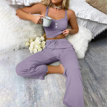 Load image into Gallery viewer, New Women's two-piece pajama set with solid color lace edging sexy slim fit suspender and pants soft and comfortable pajamas set