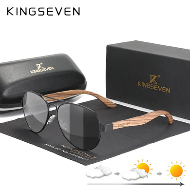 Kingseven Photochromic Pilot Sunglasses Men Polarized UV400 Retro Wood Sun Glasses