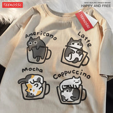 Load image into Gallery viewer, Cat Coffee Pure Cotton Trendy Summer Loose Short Sleeved T-shirt Men Women Original Mocha Latte Cat Three Flowers Fun Cat Tees