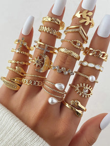 Punk Cartoon Pearl Rings: 22-Piece Set for Women, Fashionable Jewelry 2023