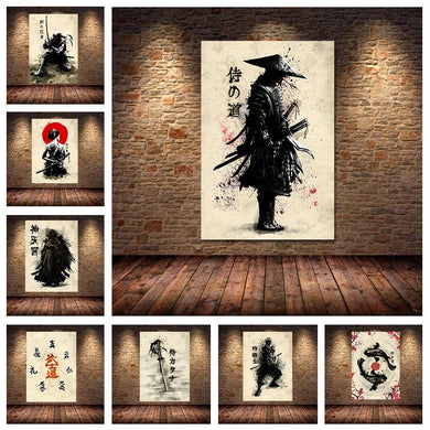 Modern Japanese Samurai Wall Art Poster Black White Print for Men Living Room Decor