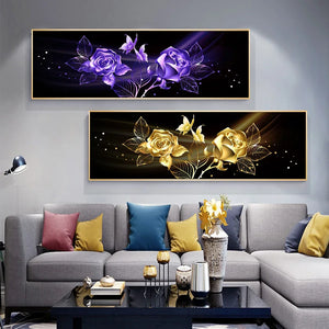 Modern Abstract Wall Art - Black and Gold Flowers - HD Canvas Oil Painting Poster