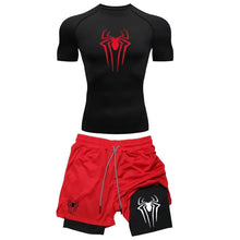 Load image into Gallery viewer, Men's Workout Compression Set Y2K Spider Printed Gym Tshirts Breathable Running Shorts Quick Dry Sports Rash Guard Sportwear Set