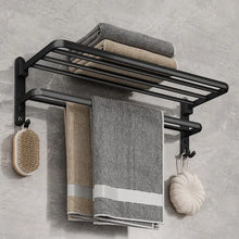 Load image into Gallery viewer, Matte Black 50cm Folding Towel Holder: Wall-Mounted Aluminum Rack with Hooks