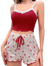 Load image into Gallery viewer, Women Pajama Set Lace Patchwork V-Neck Sleepwear Sexy Nighties Suit Camisole Top Printed Shorts Soft Pyjamas Loungewear