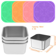 Load image into Gallery viewer, 4Pcs 2/6oz Snack Container Stainless Steel Salad Box with Silicone Lids Leakproof Portable Stackable Dressing Food Storage Box