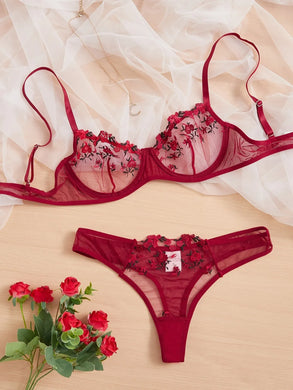 Sexy Lace Embroidery Floral Lingerie Set Transparent Underwear Bra S-4XL