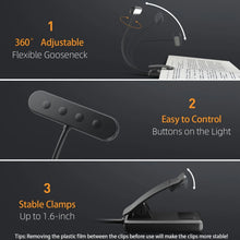 Load image into Gallery viewer, 1 pcs USB Rechargeable Book Light 3 Color Adjustable LED Reading Lamp with Clamp Eye-Care Night Light for Bed, Study Desk