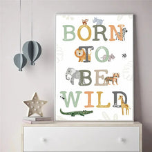 Load image into Gallery viewer, Customized Baby Name Poster Jungle Animals Lion Zebra Elephant Canvas Painting Kis Bedroom Wall Art Print Pictures Nursery Decor