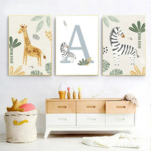 Load image into Gallery viewer, Customized Baby Name Poster Jungle Animals Lion Zebra Elephant Canvas Painting Kis Bedroom Wall Art Print Pictures Nursery Decor