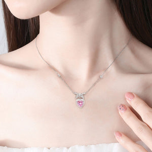 925 Sterling Silver Bow Pendant Necklace with Heart Pink Zircon, Gift for Women