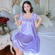 Load image into Gallery viewer, Ladies Ice Silk Nightgowns Sleeping Dress Medium Length Short Sleeve Nightdress Sexy Sleepwear Home Wear Loungewear Pyjama Femme