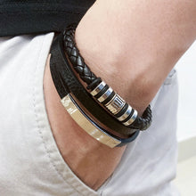 Load image into Gallery viewer, Men Multilayer Leather Bracelet Stainless Steel Braided Rope 21cm