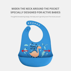 Waterproof Baby Bib - Adjustable Soft Silicone - Dinosaur Print - Easy Clean - Baby Feeding