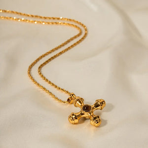 18K Gold Plated Cross Necklace Stainless Steel Inlay Natural Stone Pendant for Women