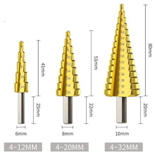 Load image into Gallery viewer, 6Pcs Titanium Step Drill Bit Set 4-12mm 4-20mm 4-32mm for Woodworking Metal Hole Opener