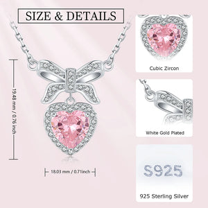 925 Sterling Silver Bow Pendant Necklace with Heart Pink Zircon, Gift for Women