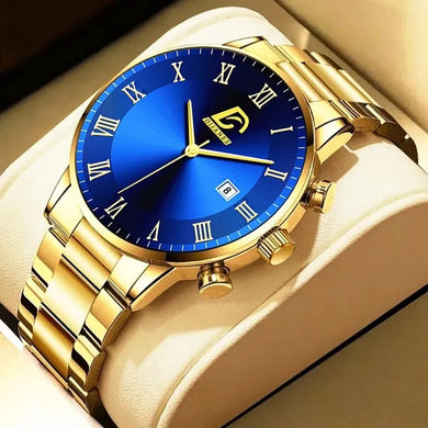 Gold Stainless Steel Men's Fashion Quartz Watch Luxury Minimalist Business Casual Calendar