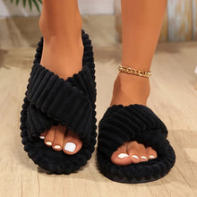 Load image into Gallery viewer, Women Corduroy Cross Strap Home Slippers Men Soft Warm Flat Slides Family Indoor Fashion Concise Plush Sandals For Four Seasons