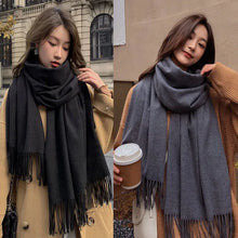 Load image into Gallery viewer, Black Cashmere Wool Scarf for Women Warm Checkered Winter Scarf