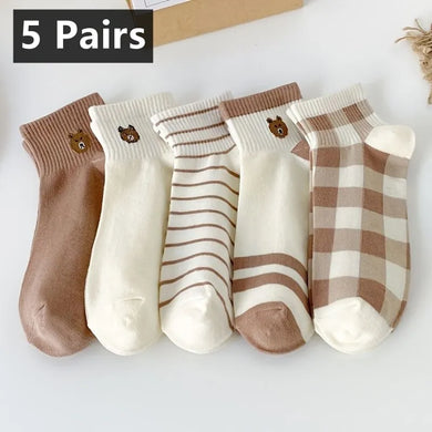 5 Pairs Teddy Bear Ankle Socks - Comfy Women's Crew Stockings - Cute Short Socks Set