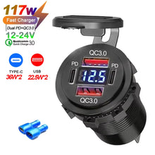 Load image into Gallery viewer, NEW 117W Dual PD Dual QC 3.0 USB Car Charger with Voltmeter Socket Power Outlet Adapter Waterproof for 12V/24V Car Boat Hot Sale