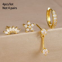Load image into Gallery viewer, 4PCS Stainless Steel Circle Huggie Hoop Earrings Set for Women Gold Color Unique Zircon Flower Stud Earring Piercing Jewelry