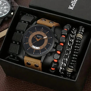5PCS Hip Hop Men's Bracelet Watches Set Calendar Quartz Casual Leather Watch