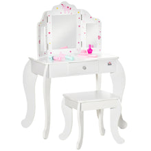 Load image into Gallery viewer, HOMCOM Kids Vanity Table &amp; Stool Girls Dressing Set Make Up Desk with Rotatable Mirrors Drawer Star &amp; Heart Pattern White