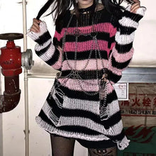 Load image into Gallery viewer, New Punk Gothic Long Unisex Sweater Summer Women Striped Cool Hollow Out Hole Broken Jumper Loose Rock Thin Dark Streetwear Top