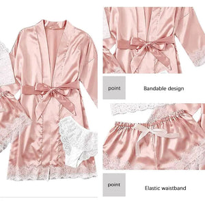 Women's Sexy Pajama Set - 4 Piece Lace Satin & Silk Sleepwear with Robe - Summer