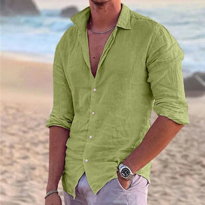 2024 Men's Cotton Linen Polo Shirt - Casual Long Sleeve Solid Hawaiian Beach Shirt