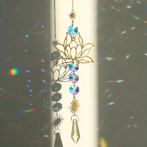 Metal Lotus Crystal Suncatcher Handmade Wind Chime Garden Pendant Decoration