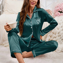 Load image into Gallery viewer, Women's Home Clothes Satin Pajama Autumn Long Sleeve Pocket Heart-shaped Embroidery Tops &amp; Pants Pyjama Femme Loungewear Pj Set