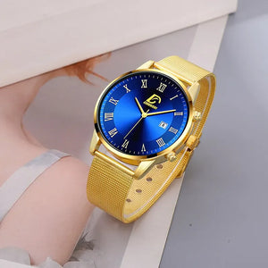 Fashion Mens Calendar Watches Luxury Gold Mesh Belt Quartz Watch Set Business Wristwatch