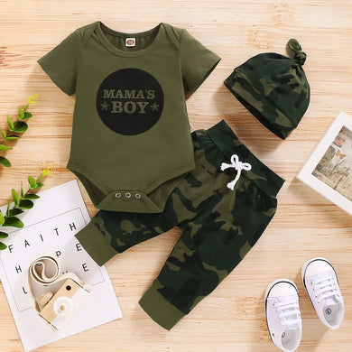 Newborn Baby Boy Summer Outfit Set 3pcs Letters Romper + Camo Pants + Hat