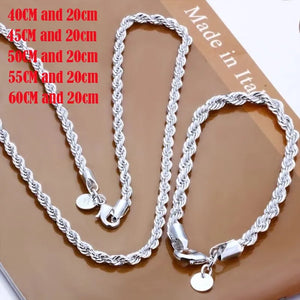 Silver Twisted Rope Chain Necklace Bracelet Set Fashion Jewelry High Quality