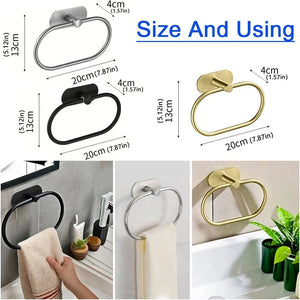 Self-adhesive Stainless Steel Towel Holder Bathroom Kitchen Rack Hanger Ring Black