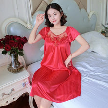 Load image into Gallery viewer, Ladies Ice Silk Nightgowns Sleeping Dress Medium Length Short Sleeve Nightdress Sexy Sleepwear Home Wear Loungewear Pyjama Femme